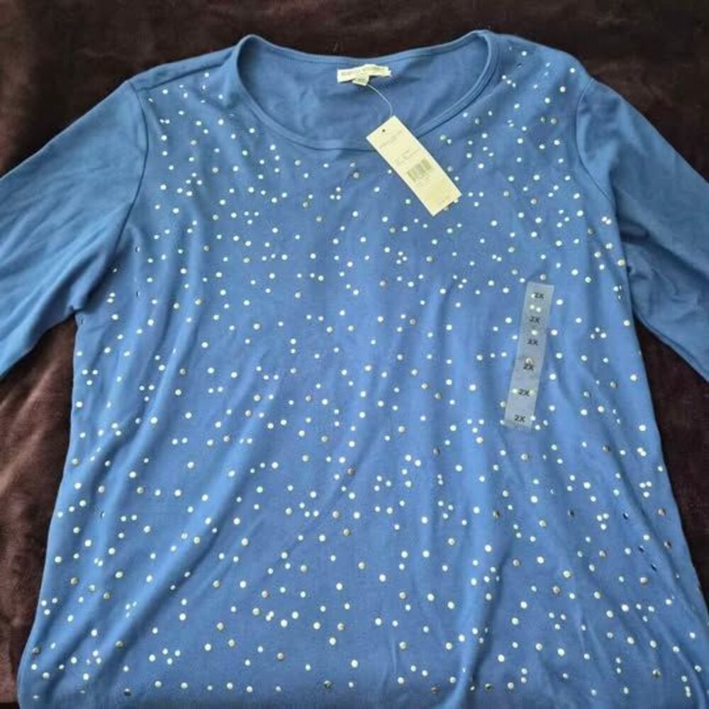 New With Tags Women's Size 2X Rebecca Malone Blue Studded Quarter Sleeve Top